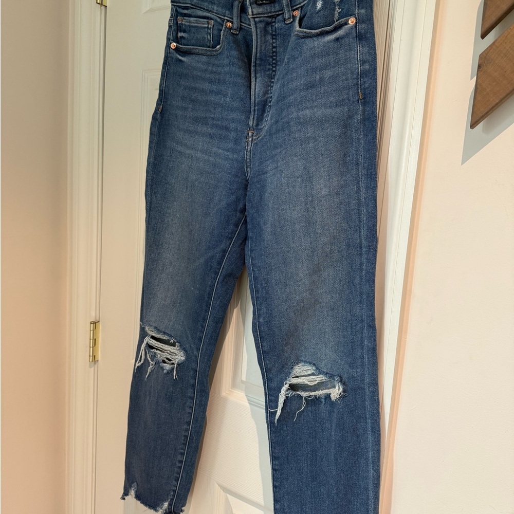Express Blue Ankle Cropped Jeans with Distressed Details